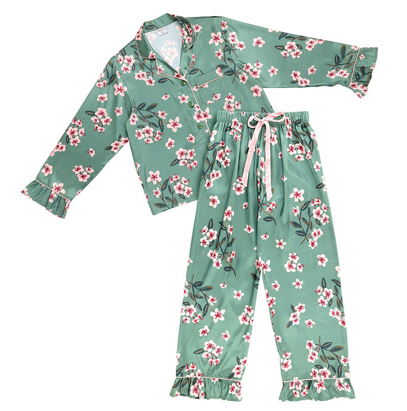 Bella Green Cherry Blossoms Ruffled PJ Set