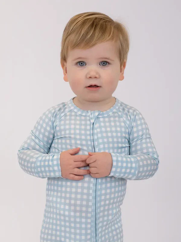 Goosies Kid's Gingham in Cottage Blue Zip Pajamas