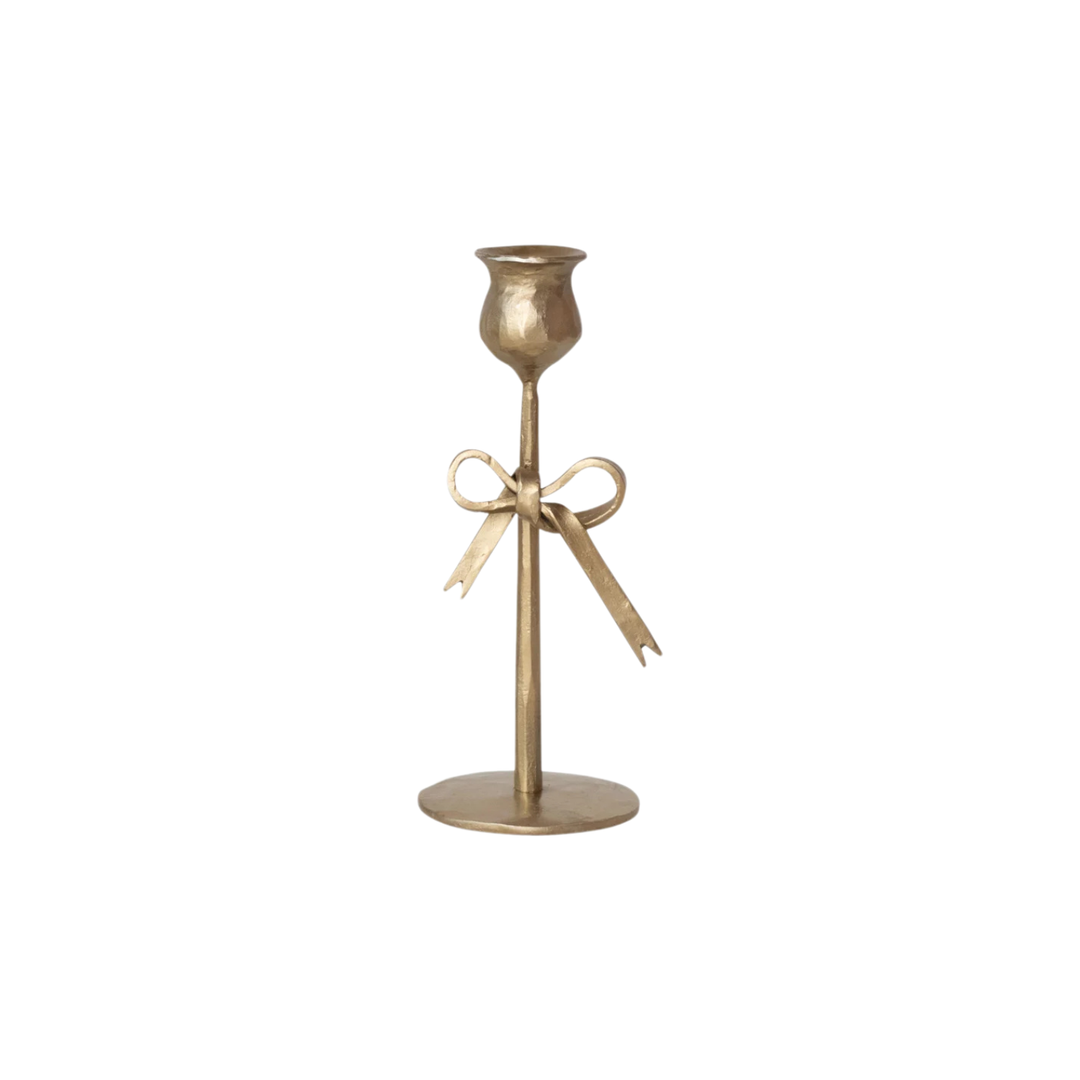 Antique Gold Finish Hand-Forged Iron Taper Holders with Bow