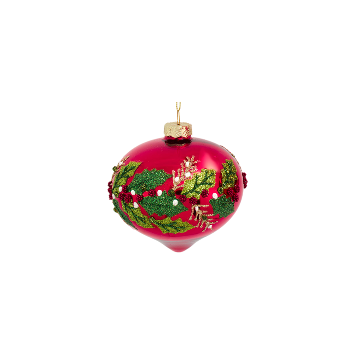 Glass Red Ball, Onion, or Drop with Holly Ornament