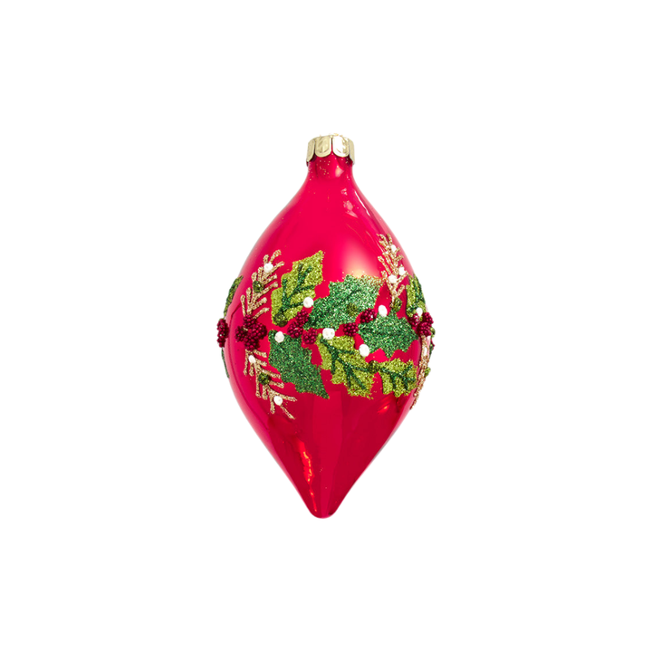 Glass Red Ball, Onion, or Drop with Holly Ornament
