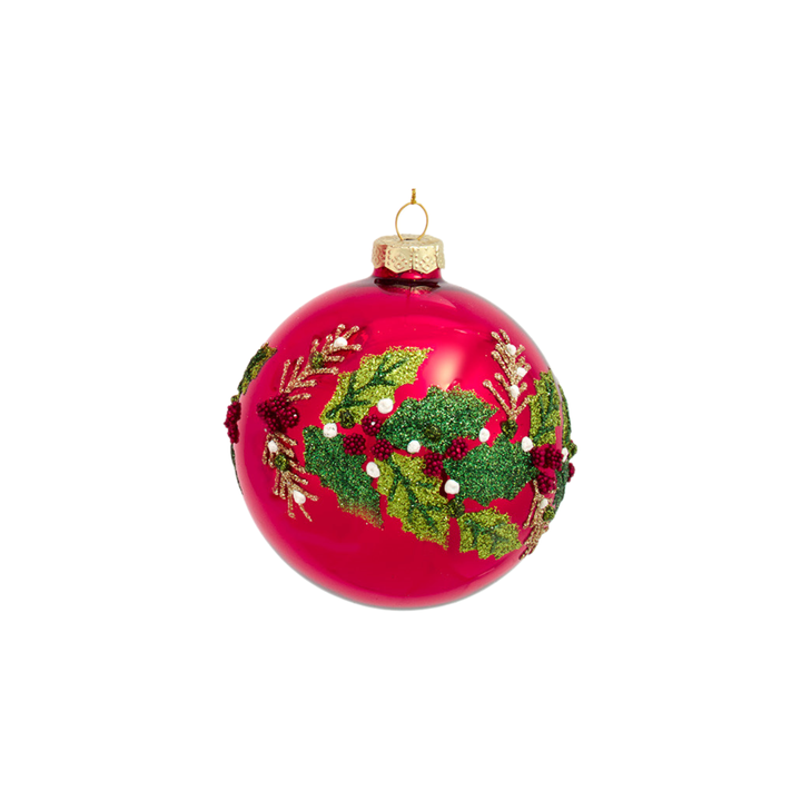 Glass Red Ball, Onion, or Drop with Holly Ornament