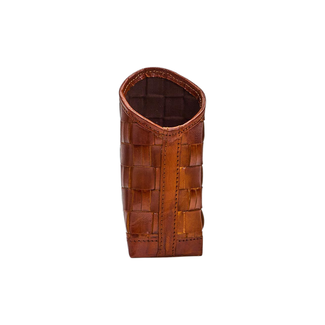 Chestnut Woven Genuine Leather Standing Triangular Weighted Eyeglass / Accessory Holder