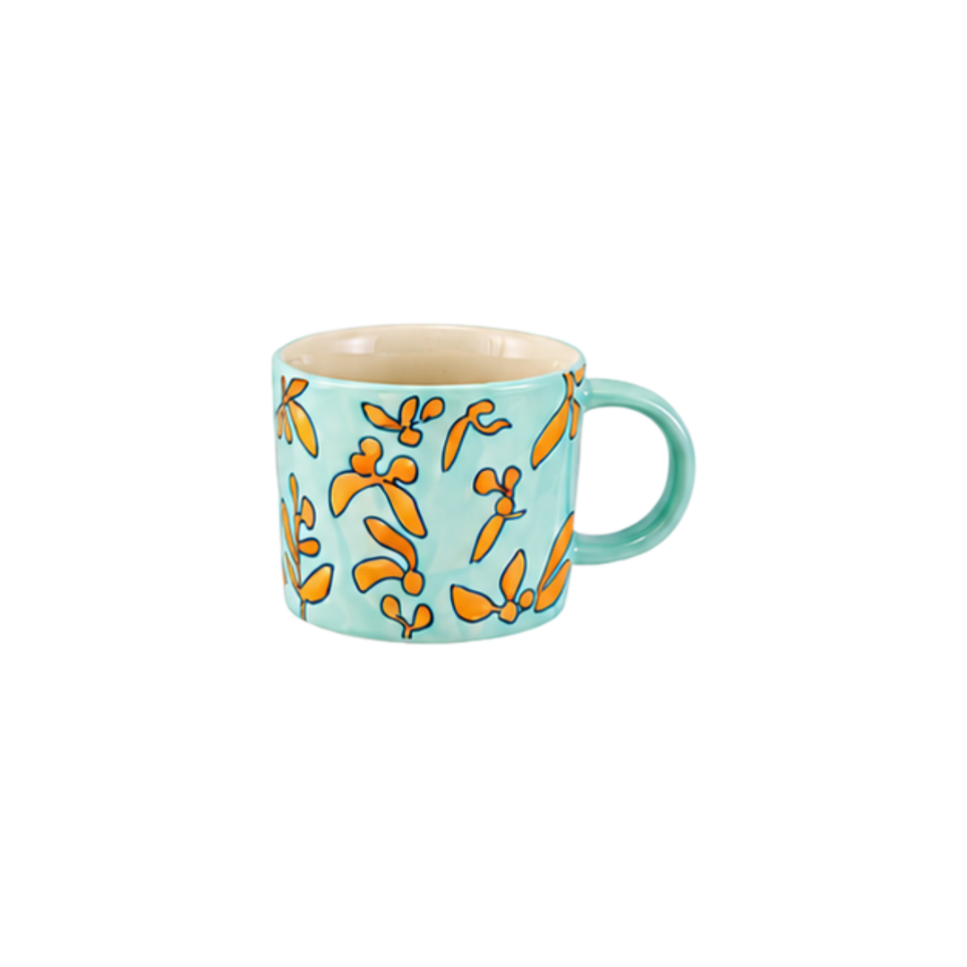 Hazel Mazel Hand-Painted Stoneware Mug with Wax Relief Botanical Pattern