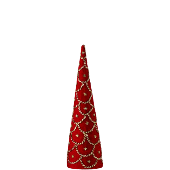 Red Jeweled Scalloped Velvet Cone Tree