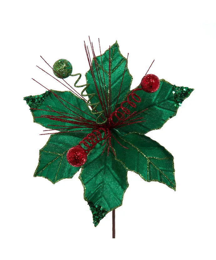 Kurt Adler Velvet Red & Green Poinsettia Pick