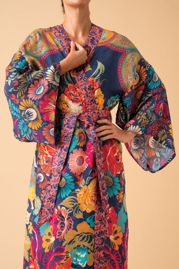 Vintage Floral Kimono Gown in Ink