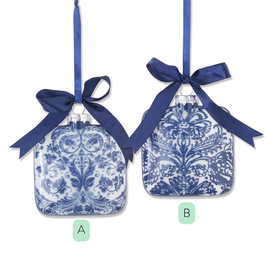 Blue and White Floral Print Square Glass Ornament