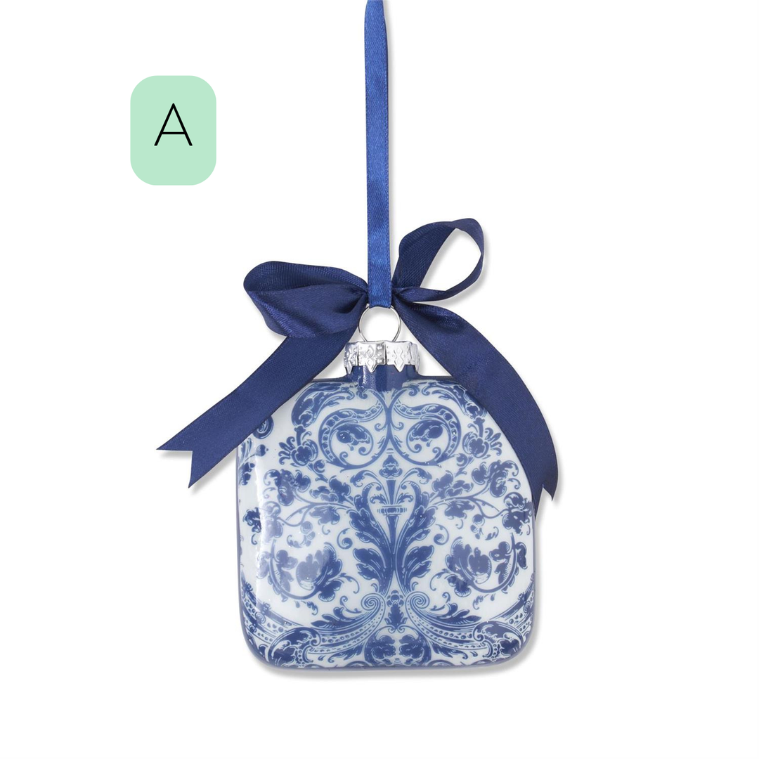 Blue and White Floral Print Square Glass Ornament