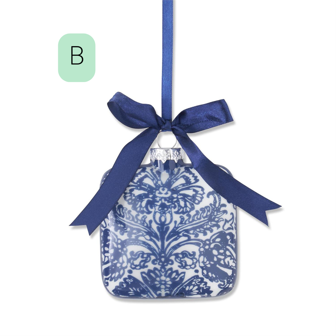 Blue and White Floral Print Square Glass Ornament