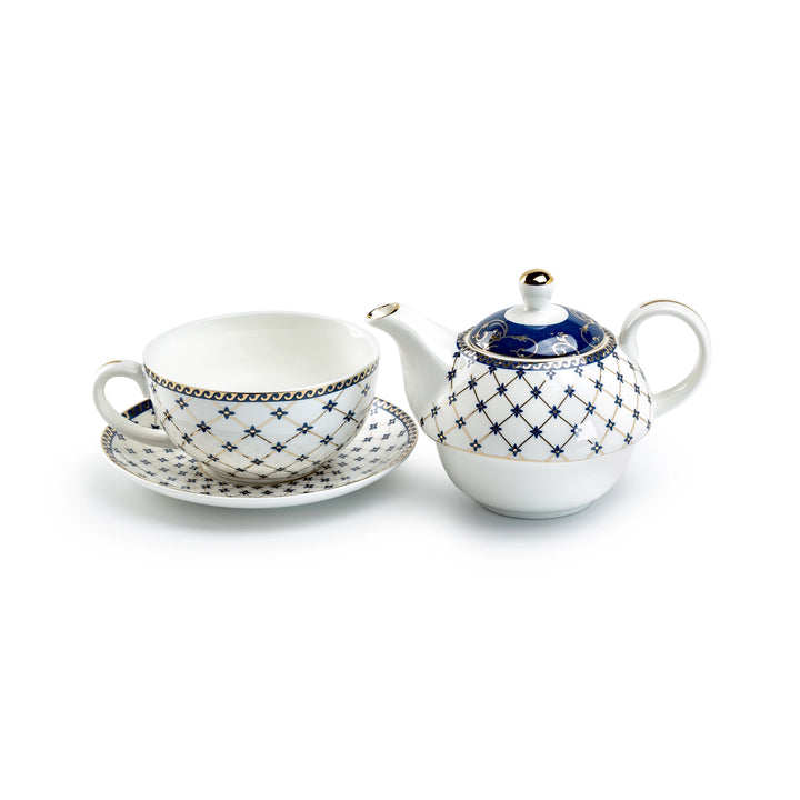 Trellis Blue Gold Fine Porcelain Tea For One Set
