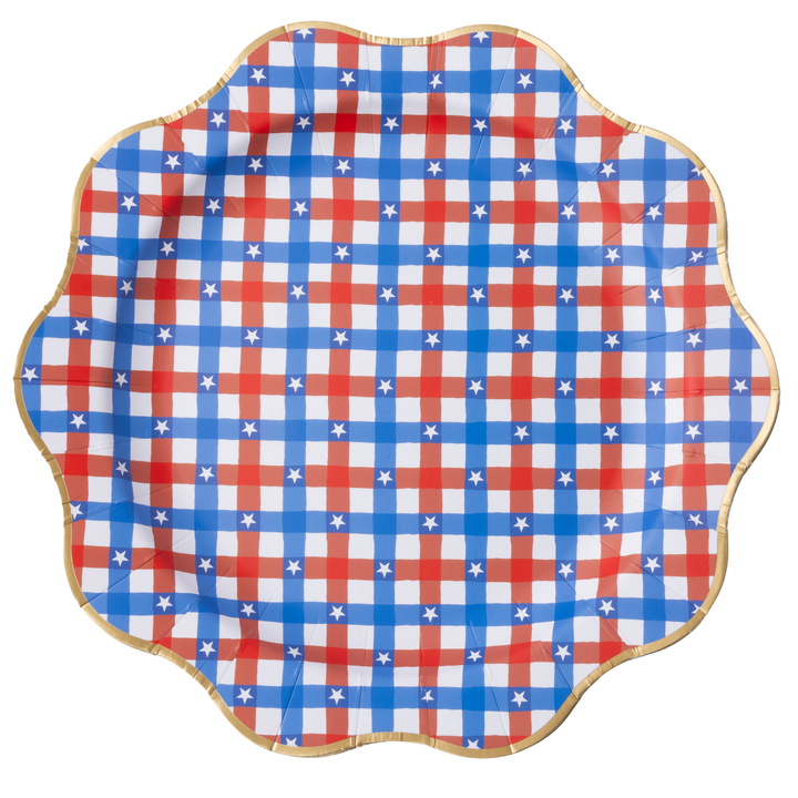 Bonjour Fête Red & Blue Gingham Star Paper Dinner Plates