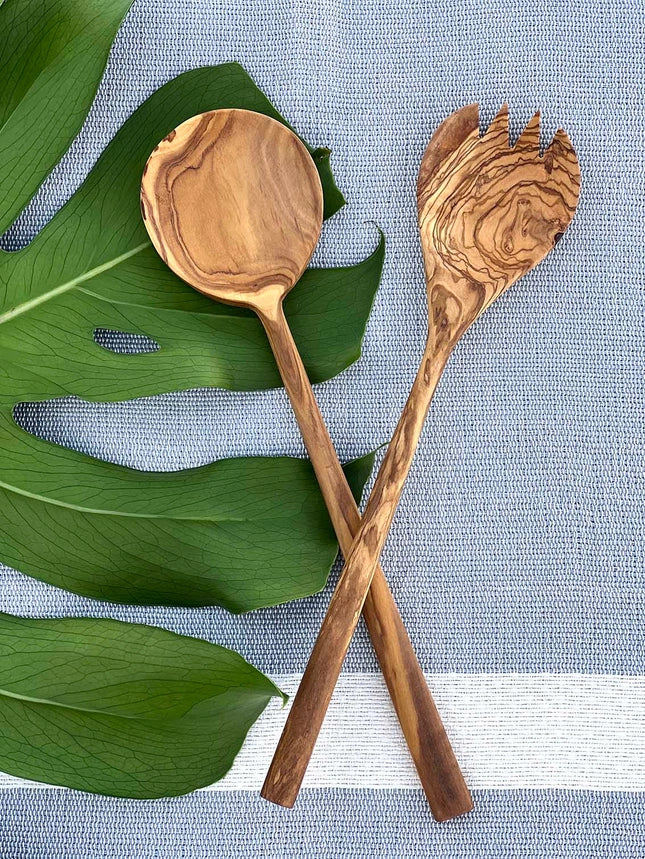 Olive Wood Modern Salad Serving Set