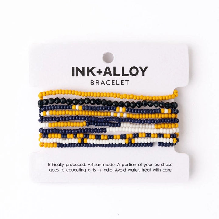 Navy & Yellow Game Day Color Block Beaded 10 Strand Stretch Bracelets