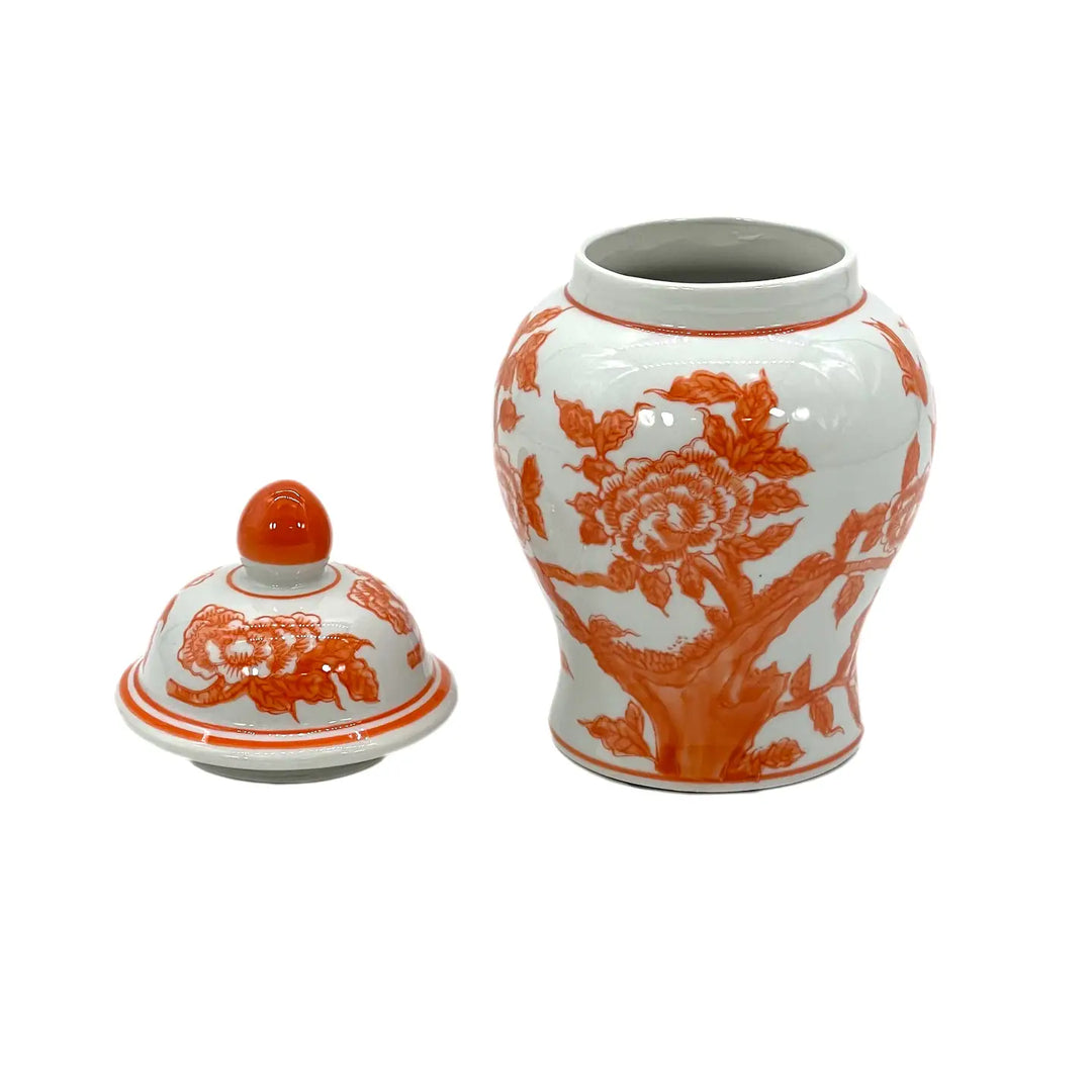 Orange and White Small Chinoiserie Ceramic Decorative Tea & Ginger Jar