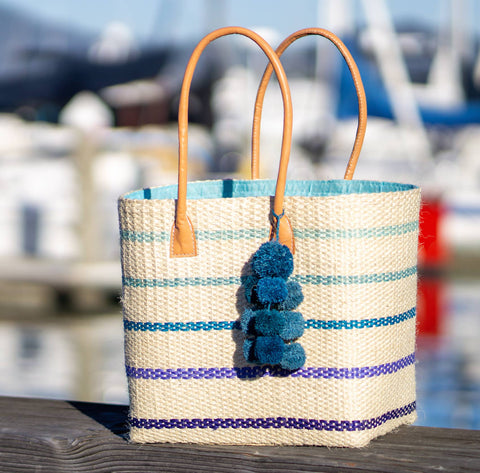 Shebobo - Capitola Sisal Basket Bag with Pompoms - Turquoise Pin Stripes