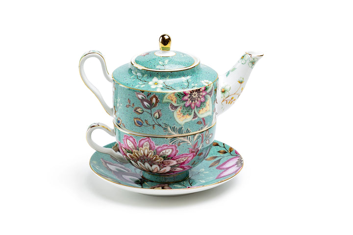 Peacock Lotus Garden Green Fine Porcelain Tea For One Set