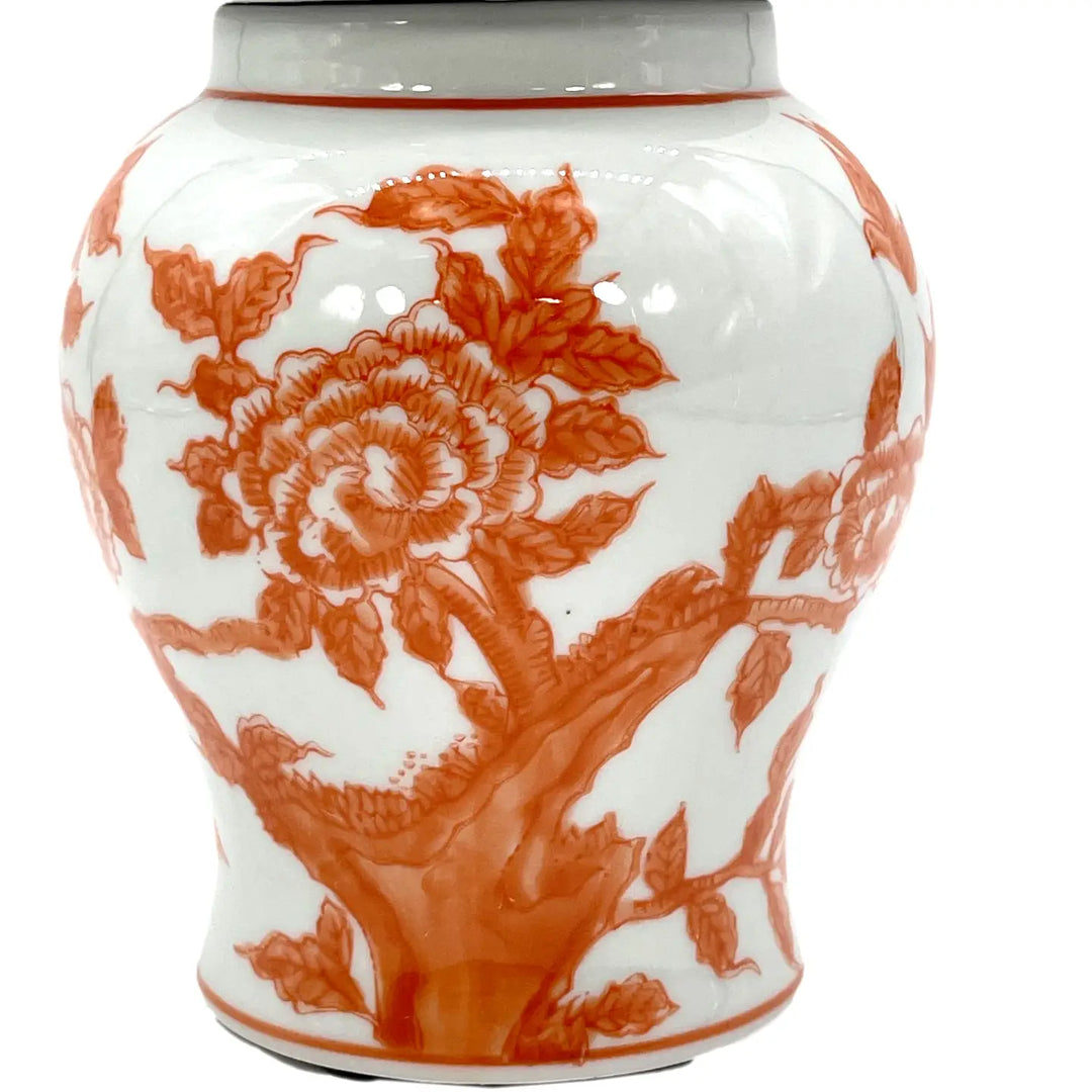 Orange and White Small Chinoiserie Ceramic Decorative Tea & Ginger Jar