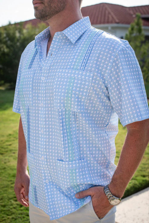Blue Quail Men’s Guayabera Blue Cane Lattice Short Sleeve Shirt