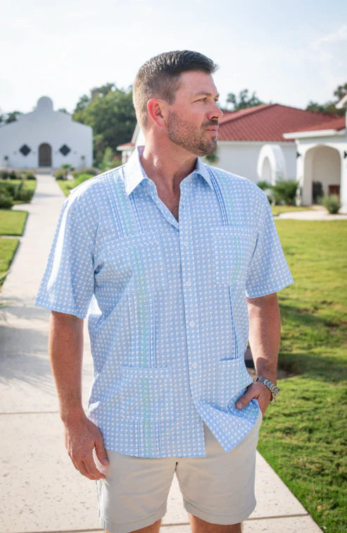 Blue Quail Men’s Guayabera Blue Cane Lattice Short Sleeve Shirt