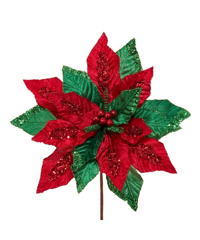 Kurt Adler Red & Green Velvet Poinsettia Pick
