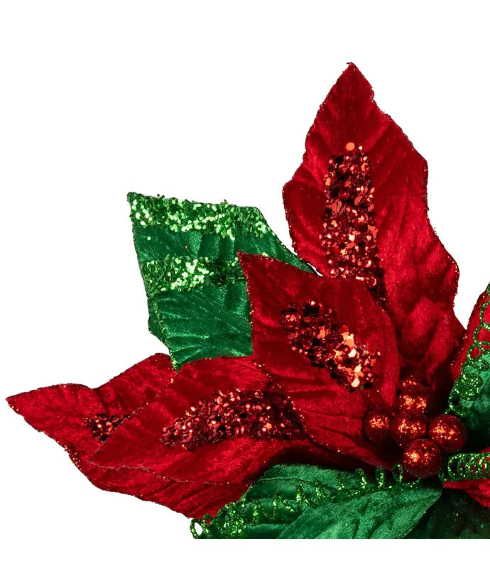 Kurt Adler Red & Green Velvet Poinsettia Pick