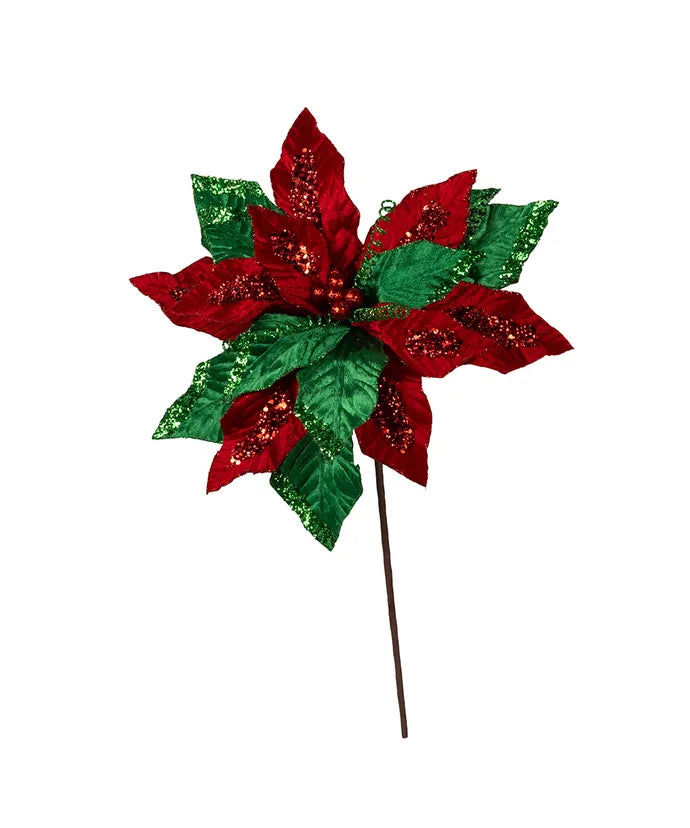 Kurt Adler Red & Green Velvet Poinsettia Pick
