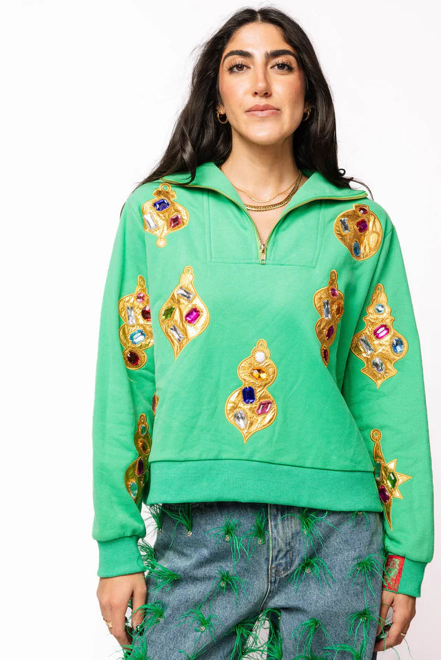 Queen of Sparkles Green & Gold Jeweled Ornament Collar Sweatshirt
