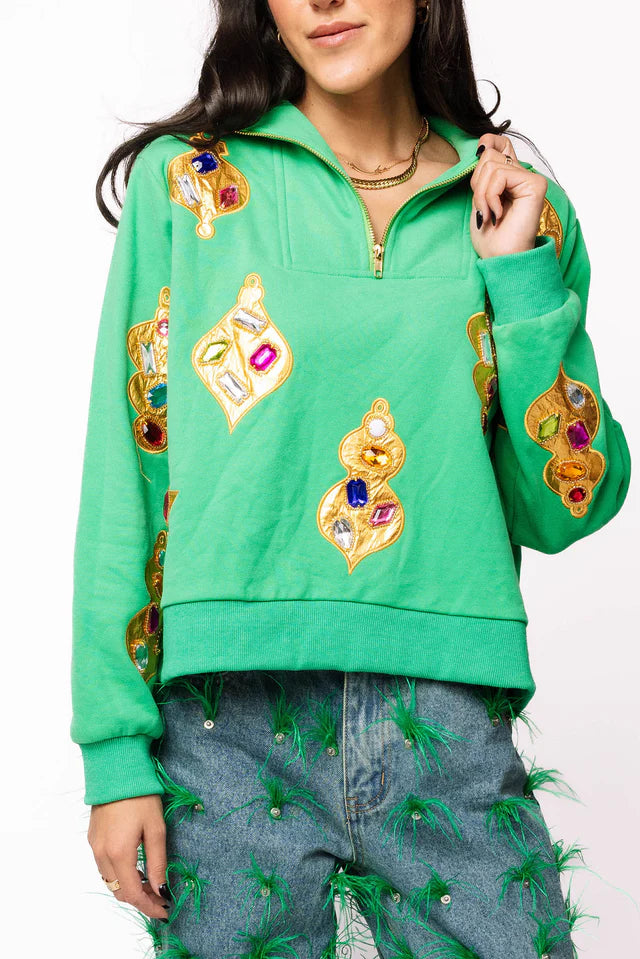 Queen of Sparkles Green & Gold Jeweled Ornament Collar Sweatshirt