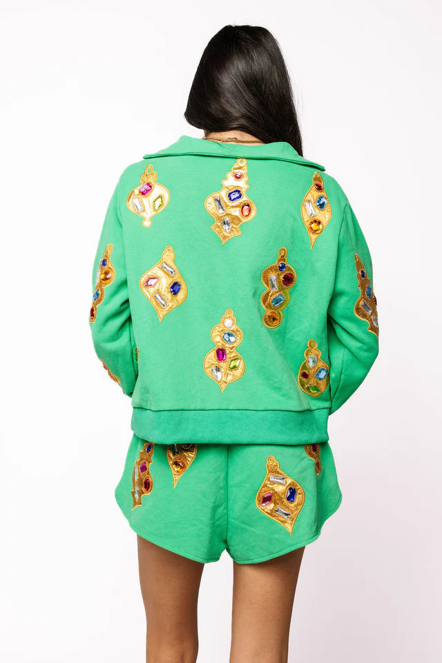 Queen of Sparkles Green & Gold Jeweled Ornament Collar Sweatshirt