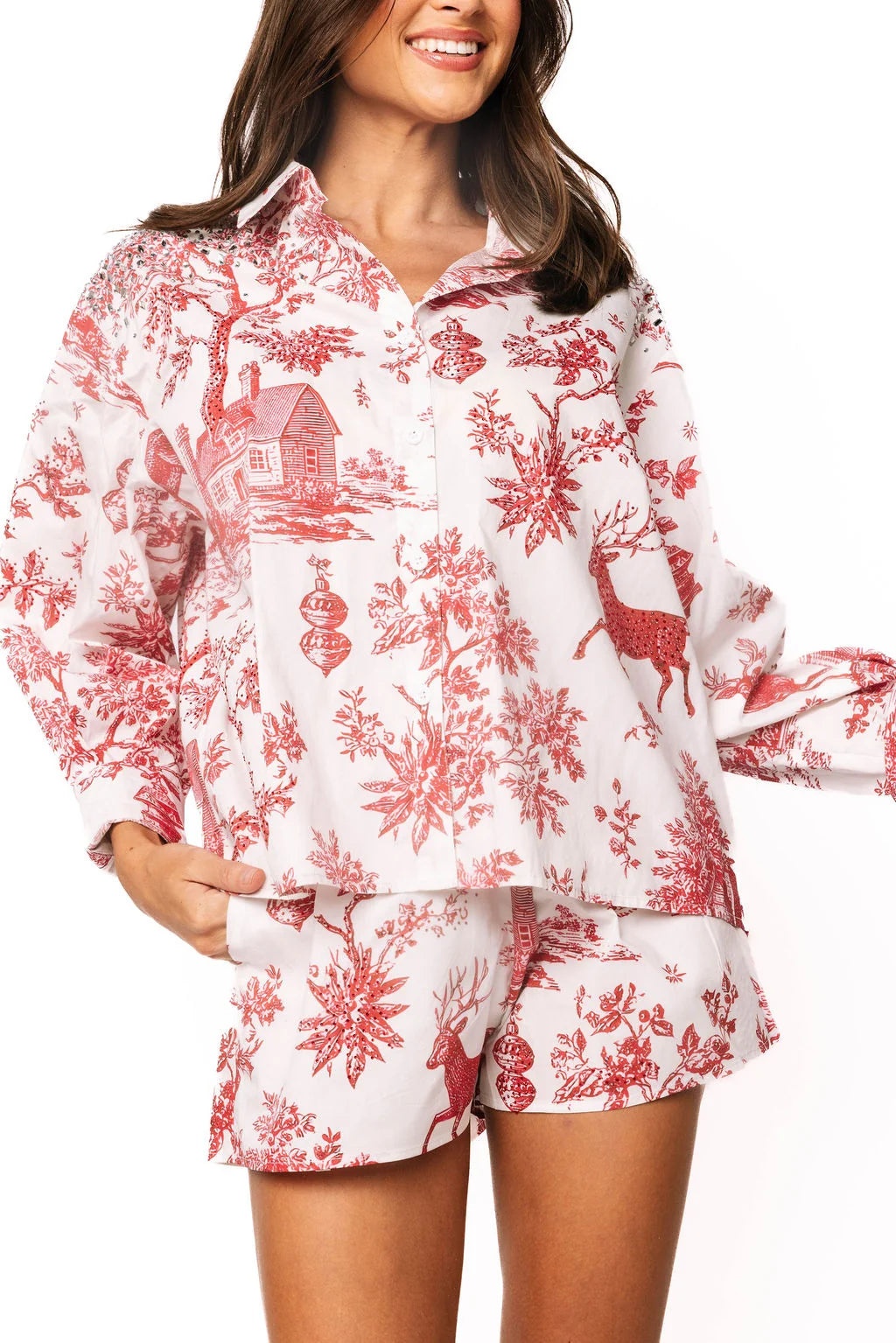 Queen of Sparkles Red And White Christmas Toile Cotton Button Up Top