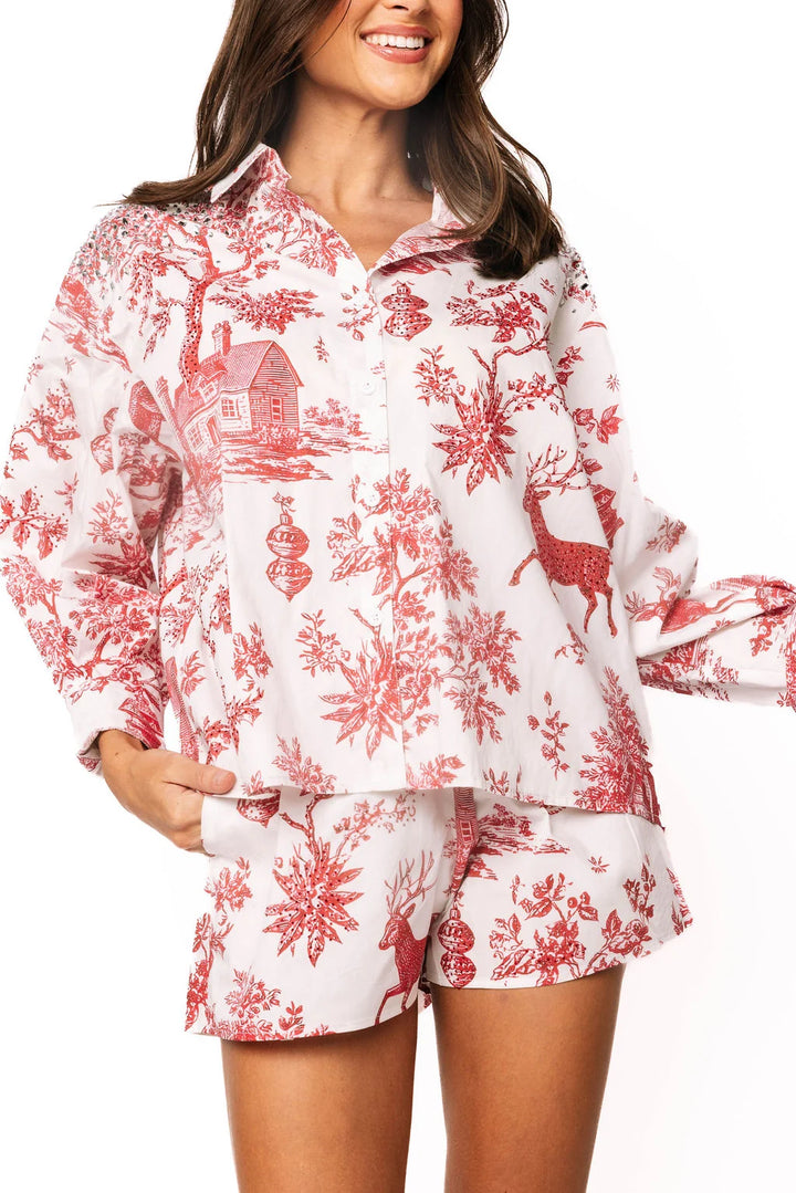 Queen of Sparkles Red And White Christmas Toile Cotton Button Up Top