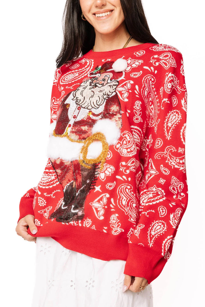 Queen of Sparkles Red & White Paisley Print Cowboy Santa Sweater