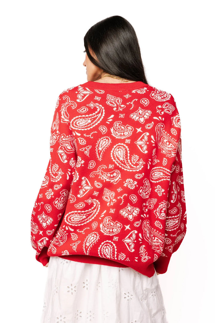 Queen of Sparkles Red & White Paisley Print Cowboy Santa Sweater