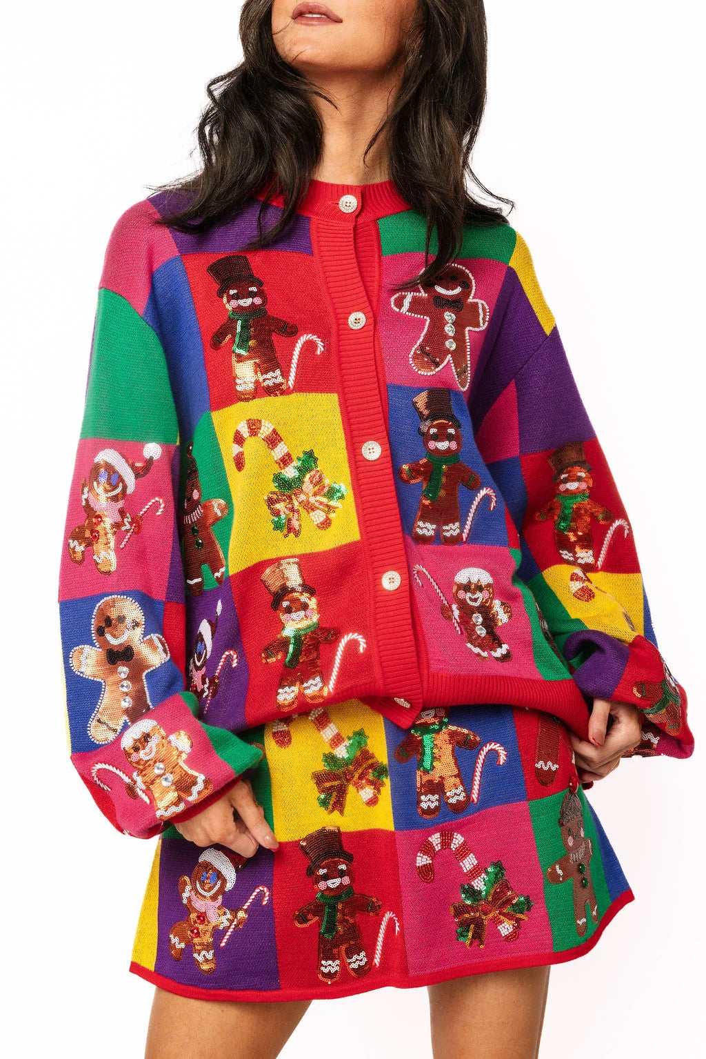 Queen of Sparkles Rainbow Colorblock Gingerbread Man Button Up Cardigan