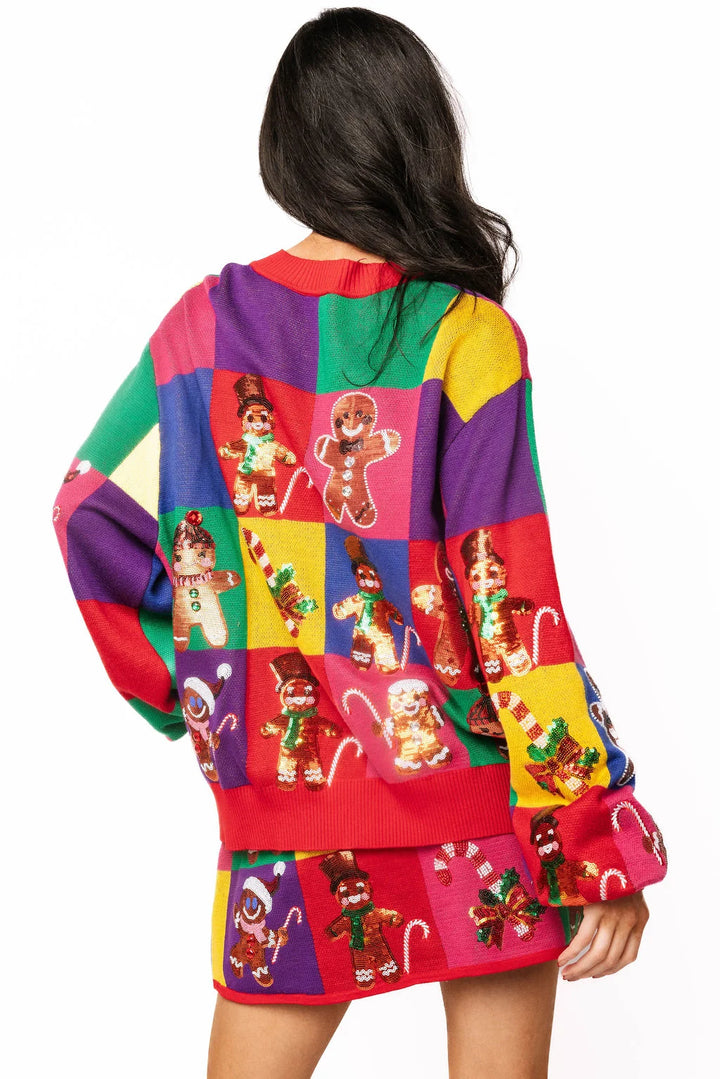 Queen of Sparkles Rainbow Colorblock Gingerbread Man Button Up Cardigan