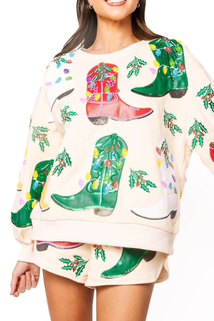 Queen of Sparkles Beige Multi Christmas Cowboy Boots Sweatshirt