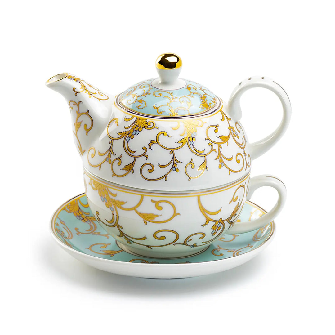 Mint Gold Scroll Fine Porcelain Tea For One Set