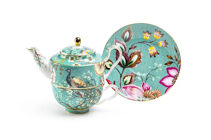 Peacock Lotus Garden Green Fine Porcelain Tea For One Set