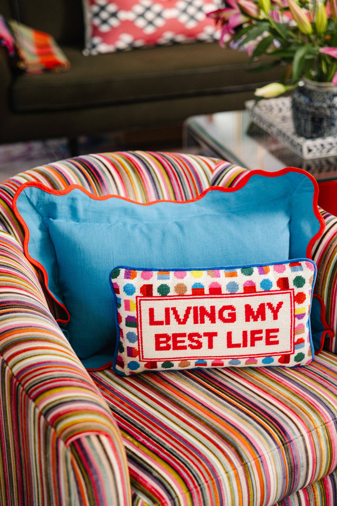 Furbish Studio Needlepoint Pillow "Living My Best Life"