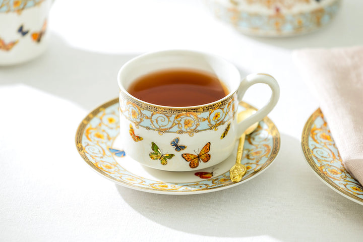 Butterflies with Blue Ornament Fine Porcelain Cup and Saucer