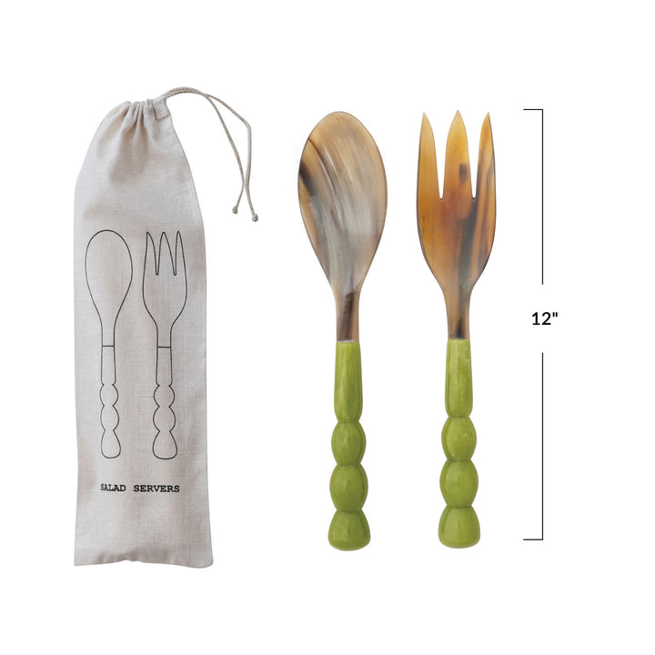 Natural Horn Salad Servers with Marbled Resin Handles