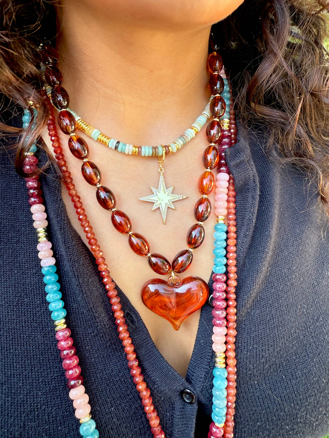 Gemelli Roxie Tortoise Beaded Necklace with Heart Charm