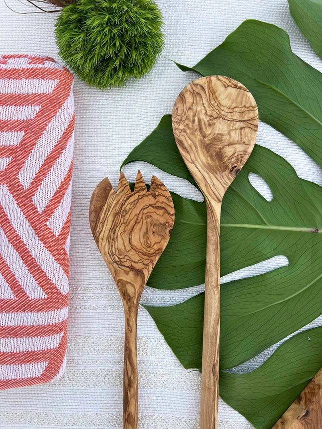 Olive Wood Modern Salad Serving Set