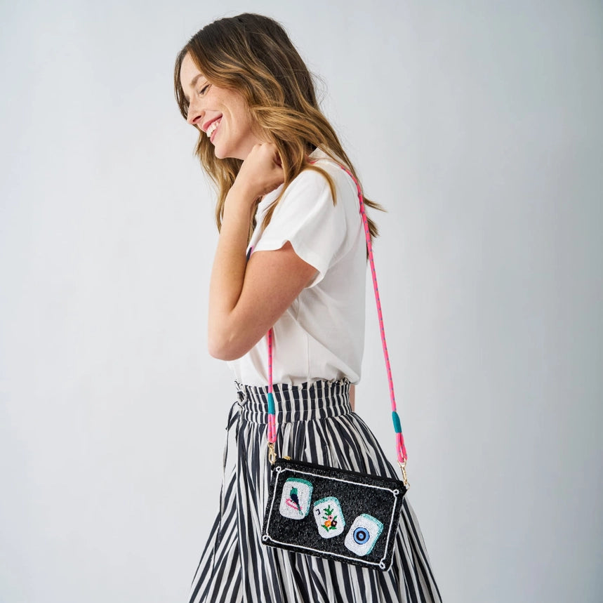 Leila Mahjong Seed Bead Clutch with Strap