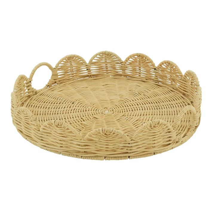 Handwoven Round Scalloped Rattan Serving Tray with Handles