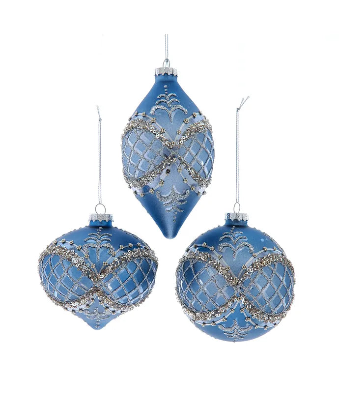 Kurt Adler Glass Blue & Platinum Ornament Assorted