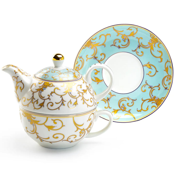 Mint Gold Scroll Fine Porcelain Tea For One Set