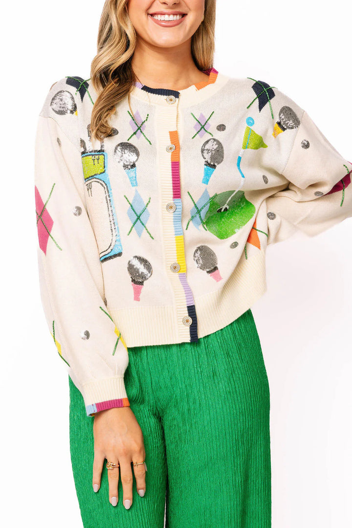 Queen of Sparkles Multi Argyle Golf Icon Rainbow Trim Button Up Cardigan