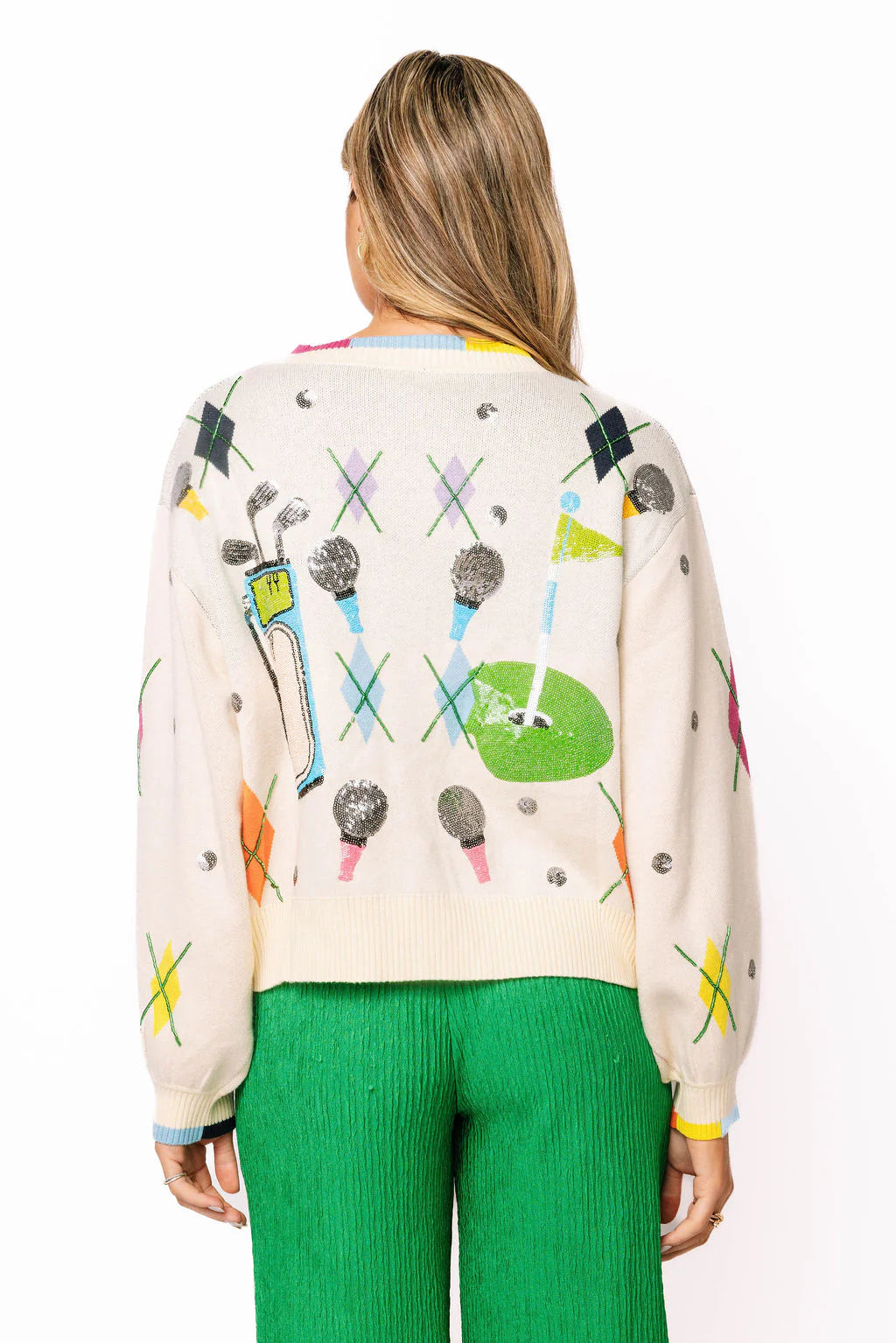 Queen of Sparkles Multi Argyle Golf Icon Rainbow Trim Button Up Cardigan